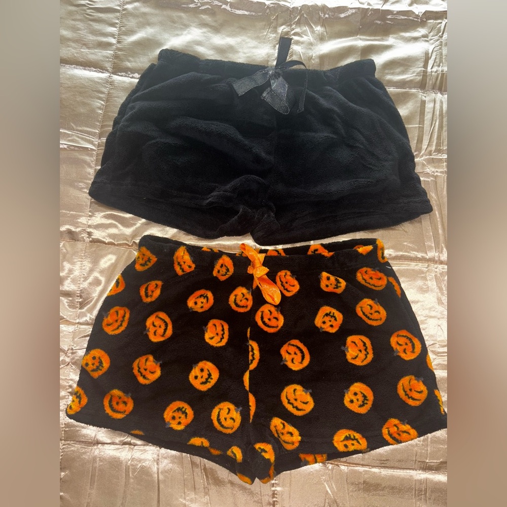 Pillow Talk Halloween Pumpkin and Black Fleece Shorts Set
